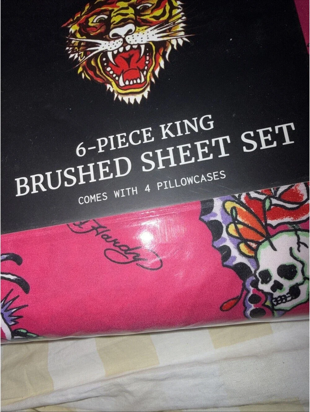 Ed Hardy King 6pc Sheet Set Pink Skull Wings Roses Embossed NWT